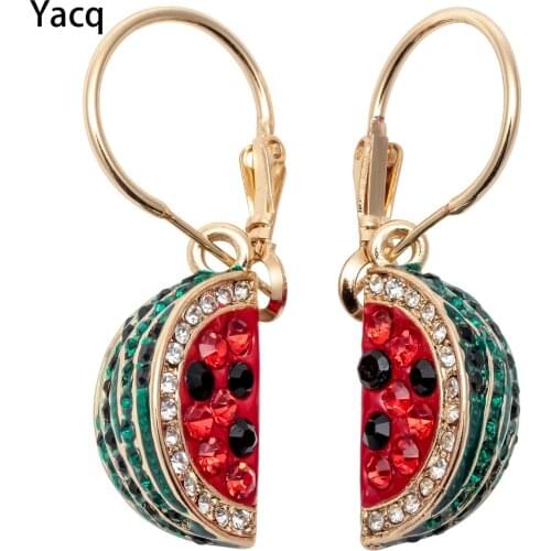 YACQ Watermelon Dangle Drop Earrings Women Red Fashion Jewelry Gifts Mom Crystal Charm Gold Silver Plated ED01 Dropshipping