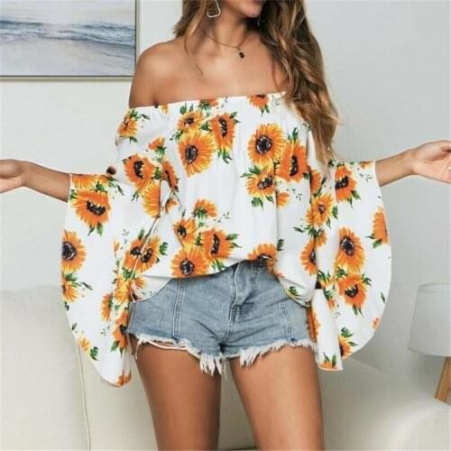 Women Floral Loose Shirts Fashion Ladies Summer Casual Boho Blouse Off Shoulder Long Sleeve Female Tops Shirt Vintage Plus Size