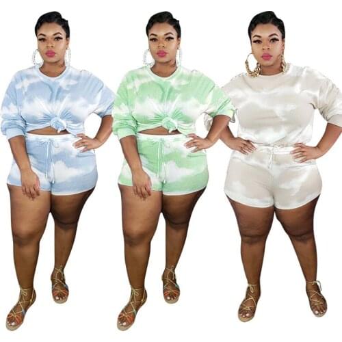 Plus Size XL-5XLTwo Piece Set Tie-dye Women Tracksuit Long Sleeve Tops And Lace Up Shorts Casual Tracksuit Beach Matching Suits
