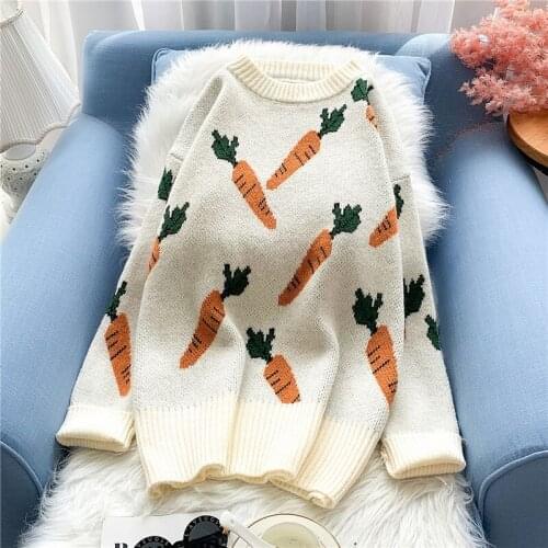 Knitted Sweater Women Carrot Pattern Long Sleeve Pullover Loose High-necked Blue Yellow Sweater Autumn Winter 2021