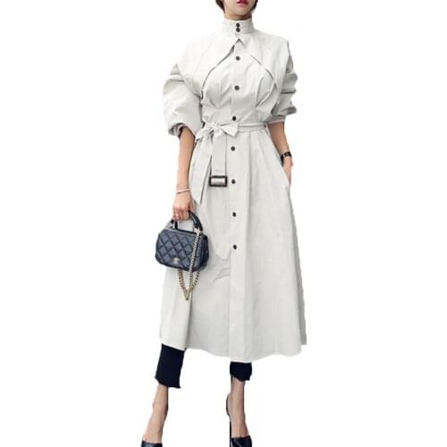 2021 New Windbreaker Women Fashion Dress Spring Autumn Chic Loose Trench Coat personality Stand Collar Long Trench Overcoat X732