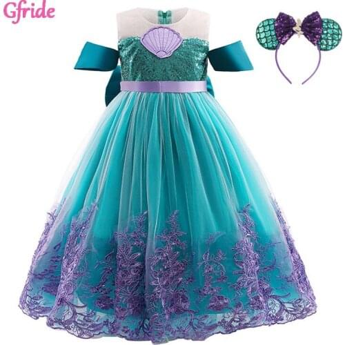 2021 Summer Girls Cosplay Mermaid Costume Dress Headband For Kids Birthday Gown Elegant Piano Performance Big Bow Clothing