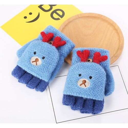 Winter Christmas Kids Warm Gloves Primary School Cashmere Knit Flip Half Finger Gloves Cartoon elk Mittens For Boys Girls
