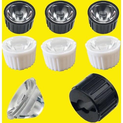 10 20 50 100pcs 20mm 15 30 45 60 90 120 Degree Clear LED Lens + 22mm Black White Holder For 1W 3W 5W LED Light Diodes Bead