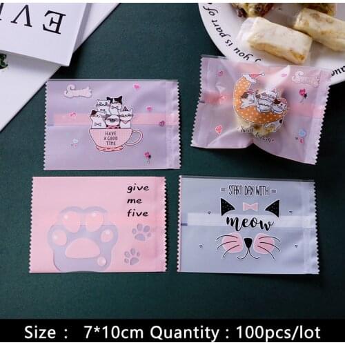 100pcs/lot Cookies Plastic Packaging Gift Bag Cartoon Cute Cat Claw kitten 4in1 Frosted Baby Shower Handmade Bakery Biscuit Pack
