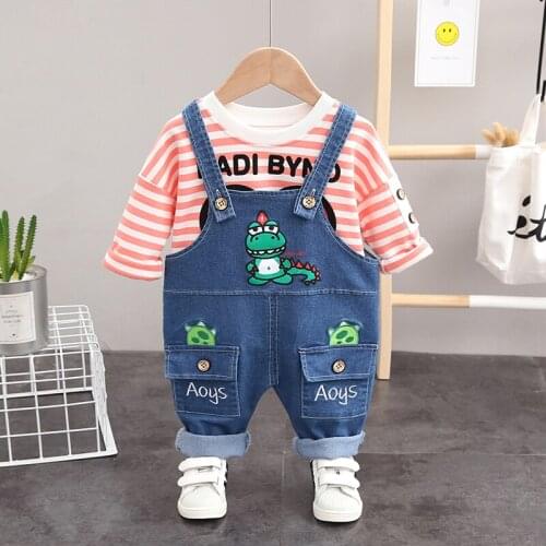 Spring Autumn Toddler Active Clothing Baby Boys Girls Strips T Shirt Jeans Overalls 2Pcs/sets Kids Infant Clothing Sets