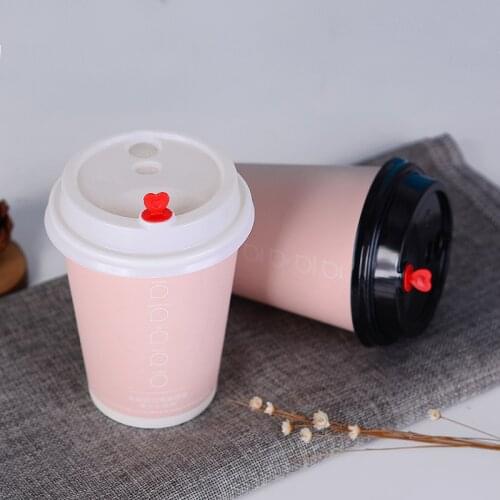 50pcs Pink disposable coffee cup hot drink milk tea thick paper cups with lids commercial household anti-scalding packaging cups