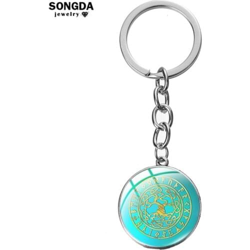 SONGDA Car Key Chain Ring Tree of Life Yggdrasil with Triquetra Pattern Metal Chain Connecting Glass Photo Cabochon Authority