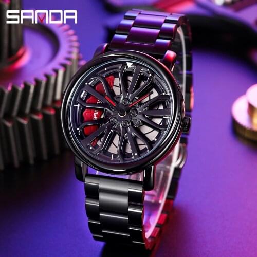 SANDA Hot Sell Men Watch Rotating Racing Wheel Dial Wheel Watch Stainless Sports Waterproof Quartz Wristwatch Relogio Masculino