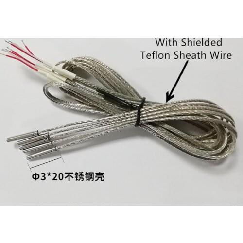 2pcs PT100 PT1000 RTD Platinum Resistance Sensor 2 Wires Thermocouple Φ3*20mm Probe With PTFE Shield Cable Temperature Sensor