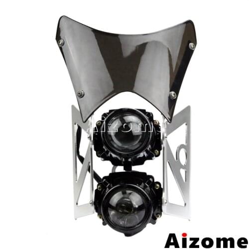 1 Set Motorcycle Black Dual Stacked Street Bikes Projector Headlight Windscreen Headlamp For Honda Suzuki Kawasaki Cafe Racer