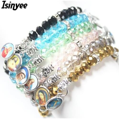ISINYEE Fashion Jesus Virgin Mary Charms Glass Crystal Beads Christian Bracelets For Girls Women Friendship Jewelry Gifts