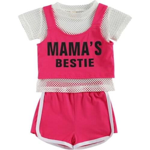 Fashion Summer Kids Girls Sports Mesh Shirts+ Cropped Sling Vest+Loose Side Striped Shorts 3-Piece Running Training Suit