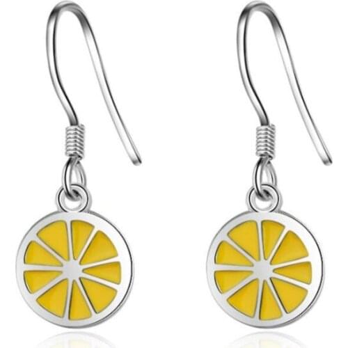 Creative Fashion Sweet Exquisite Personality 925 Sterling Silver Jewelry Epoxy Yellow Lemon Female Dangle Earrings SE474