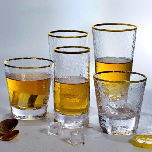 Crystal Golden Rim Hammer Pattern Lulu Lemon Glass Cup Household Bar Transparent Juice Drink Milk Whisky Beer Coffee Cups