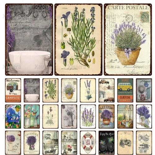 Lavender Flower Metal Tin Sign Vintage Plaque Green Plants Chic Retro Wall Sticker Home Decor Garden Farm Manor Iron Painting
