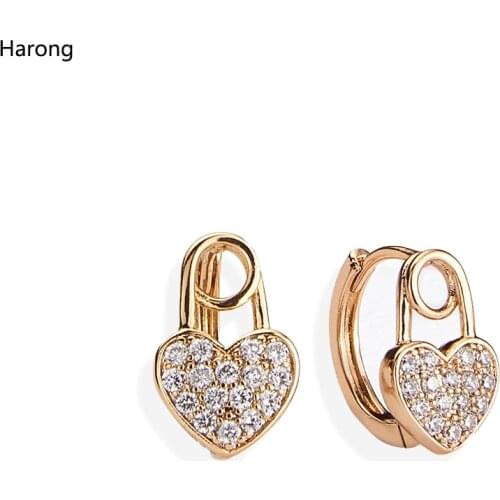 Harong Heart Small Stud Earrings Zircon Female Classic Fashion Jewelry Wedding Quality Love Lock Earrings Woman Gift