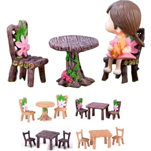 3Pcs Miniature Table and Chairs Ornaments Kit Resin Mini Garden Fairy Figurines Cute Doll House Decorations for Garden Lawn Deco