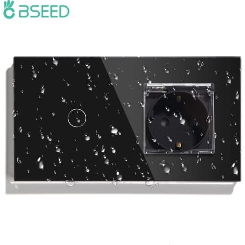 BSEED 1/2/3Gang 1Way Light Touch Switch Bathroon Wall Socket with Cover Sensor Light Switch Outdoor Power Sockets Black Glass