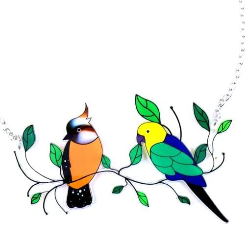 New Multicolor Stained Birds On Branch Colorful Window Acrylic Stained Glass Pendant Window Hanging Ornament Wall Decor