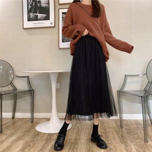 2021 Autumn Winter Woman Pleated Skirt New Mesh Double Side A-line Skirt Mid Length Skirt Versatile High Waist Slim Girl Black