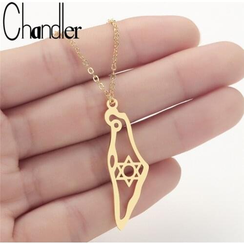 Chandler Stainless Steel Israel Map Pendant Necklace Gold Color Jewish Jewelry Map of Israel Necklaces With David Star Collars