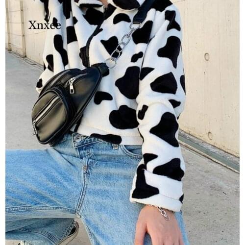 Coats for Women Cow Print Teddy Jacket Modis Longslive Zipper Casual Warm Autumn Winter 2020 Harajuku Coat Female