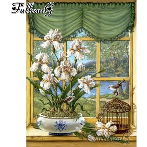 FULLCANG Still life flower window diy 5d mosaic diamond painting full square round drill rhinestone embroidery sale decor FC3252
