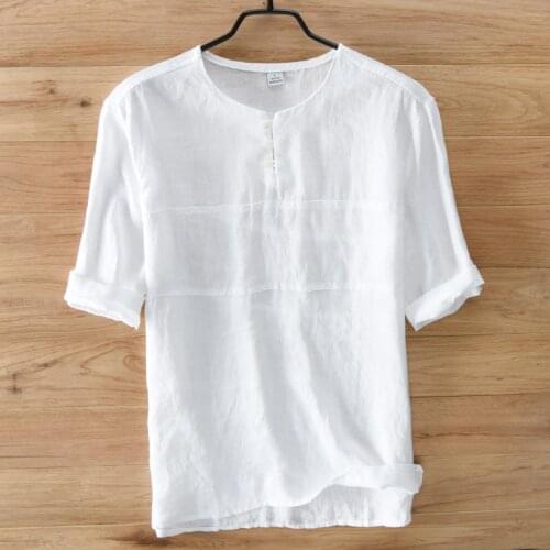 Casual Mandarin Collar Shirts Men Cotton Linen Designer Brand Slim Fit Man Shirts short Sleeve White Shirts Man Clothes summer