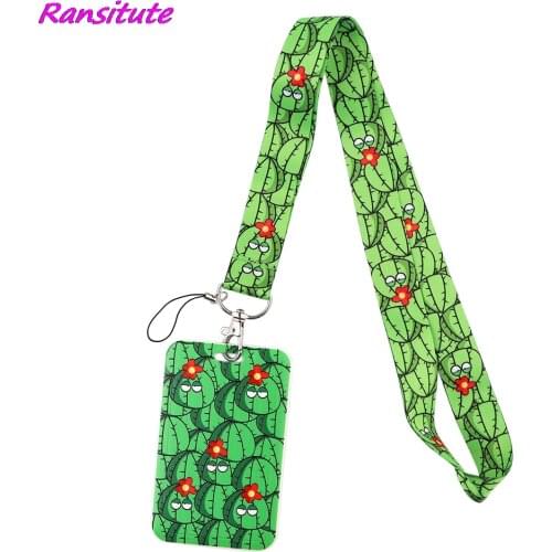 Ransitute R1849 Green Cactus Lanyard Credit Card ID Holder Badge Student Women Travel Bank Bus Business Card Cover Badge