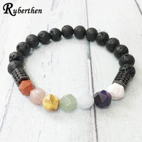 Ruberthen Women`s 7 Chakra Bracelet Natural Lava Stone Diamon d Cut Bracelet Handmade Wrist Mala Yoga Jewelry