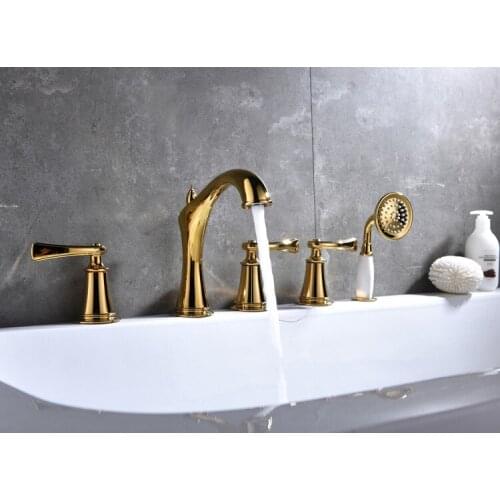 Modern New gold PVD 5 Holes widespread Bathtub shower Faucet with Hand Shower deck mounted tub tap