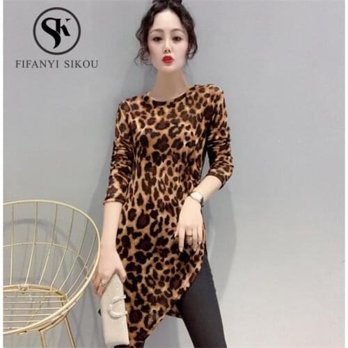 Leopard Print T-shirt Women Spring Long sleeve T shirt Irregular O-Neck Tees Tops Ladies Elegant Loose Plus size Long Tshirt