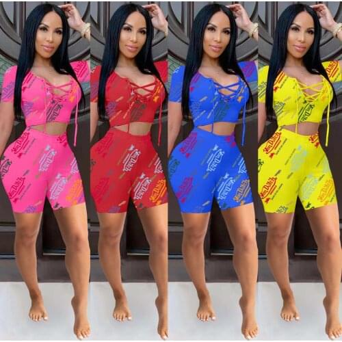 2021 Womens Shorts T-shirt V-neck Tie Positioning Printing Fashion Two-Piece Suit