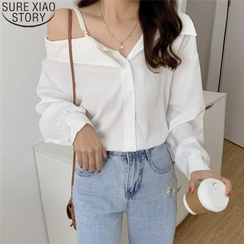 2021 Autumn Long Sleeve Vintage Shirt White Shirts Sexy V-neck Off Shoulder Tops Women Shirts Loose Clothing Fashion New 16166