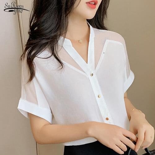 2021 Summer New Style Short-Sleeved Top Women Fashion Solid Color Mesh V-neck Women Shirts Pullover Chiffon Women Blouse 9632