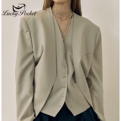 Women Spring Solid Color V-Neck Vest Jacket Two-Piece Suit Ladies Blue Brand Suits Female Fashion Coat Plus Size Blazers ZM53
