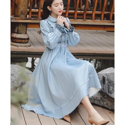 High Quality Best-selling Retro Autumn Winter New Arrival Peter Pan Collar Bowknot Flower Embroidery Woman Long Dress Sky Blue