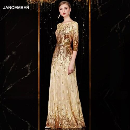 J1682 jancember women long dress evening elegant line a o-neck half sleeve sequin multicolor beading tulle dress فساتين سهره