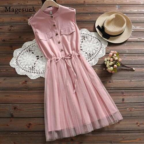 Women Sleeveless Lace Party Dress Summer Dress Casual Cotton Mesh Brick Red Blue Belt Waist Vestidos Fashion Clothing 3518 50