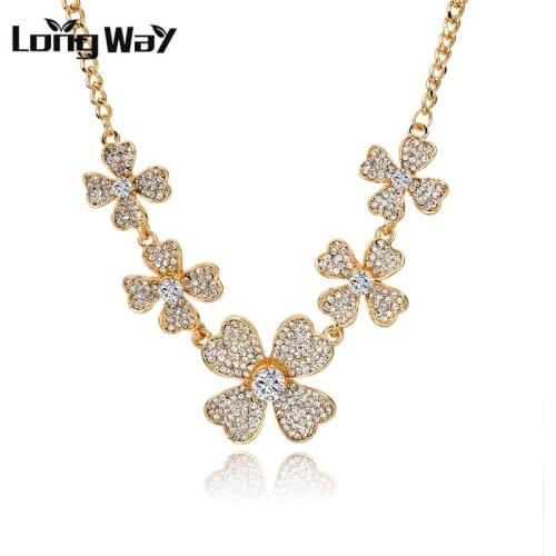LongWay Statement Necklace Crystal Clover Necklace For Women Gold Color Chain Necklaces & Pendants Colar Feminino Sne150834