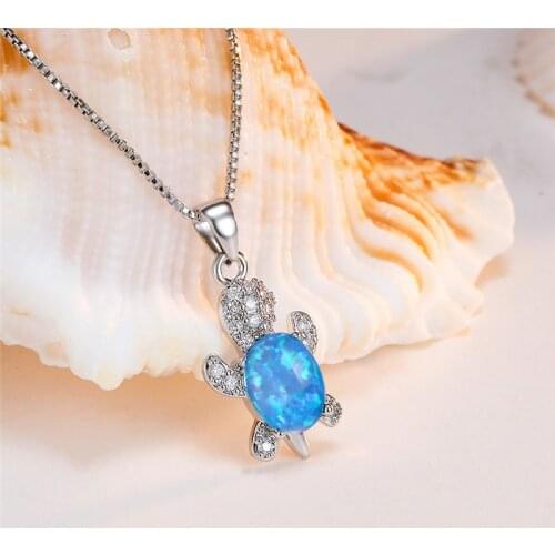 Female Cute Small Turtle Pendant Necklace Blue White Green Opal Oval Stone Necklace Charm Silver Color Chain Necklaces For Women