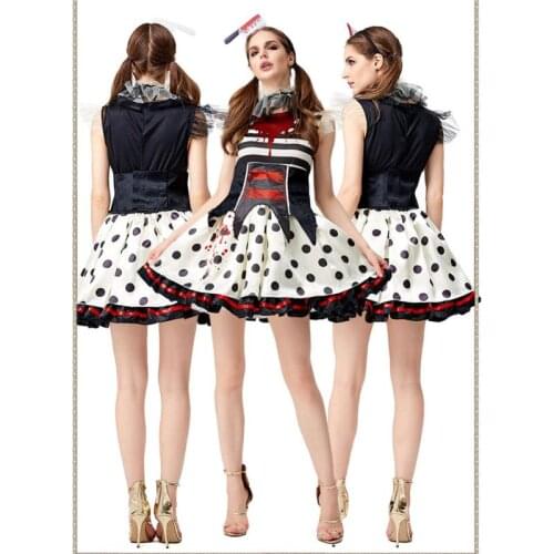 Women Halloween Scary Bloody Clown Tutu Dress with Knife Headband Collar Striped Polka Dot Circus Zombie Cosplay Costume