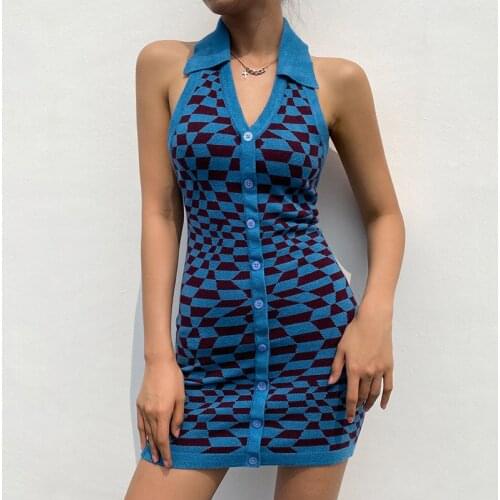 Knit Shirt Dress Women 2021 V Neck Blue Sleeveless Summer Brown Halter Neck Sundress Casual Plaid Bodycon Mini Dresses Backless
