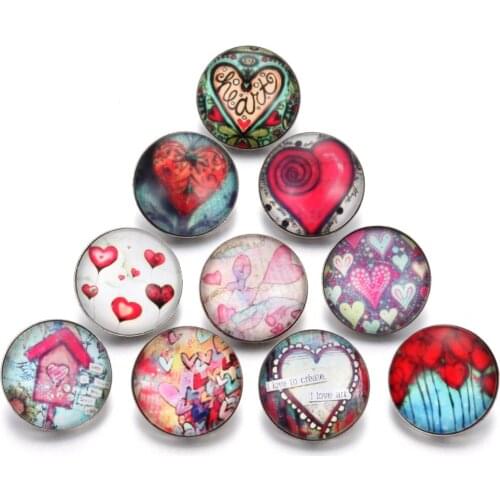 10pcs/lot New Snaps Jewelry Couple Lovely Heart Glass Snap Button Fit 18mm Bracelet Jewelry Earrings for Women Valentines Day
