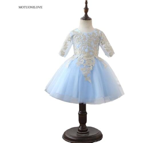 100% Real Pictures Flower Girl Dresses with 3/4 Long Sleeves Light Sky Blue Short Prom Party Dress For Little Girl Birthday Gown