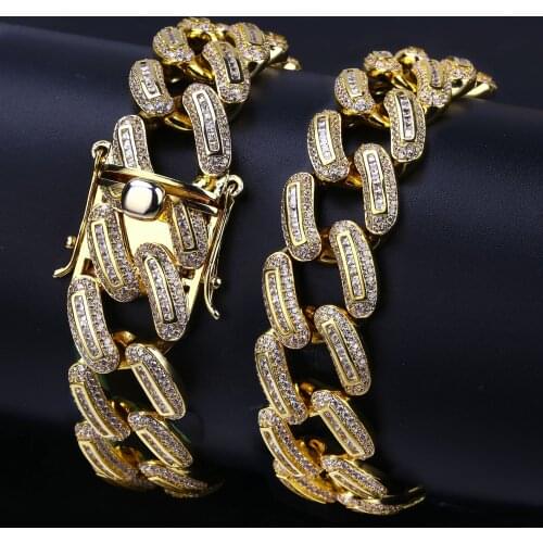 18mm AAA+ Cubic Zirconia Bling Ice Out Cuban Curb Miami link Chain Necklaces for Men Hip Hop Fashion Rapper Jewelry Gifts Gold