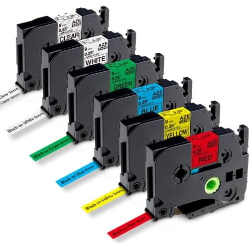 6pcs 9mm TZe TZe-121 Tape TZe-221 TZe-421 Tze-521 TZe-621 TZe-721 Compatible for Brother P-Touch PT-D210 PT-D400 PT-D1800 Makers