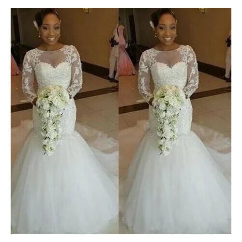 Angelsbridep Long Sleeves Mermaid Tulle Wedding Dress Tulle Vestido De Noiva High Neck Court Train Formal African Bride Dresses