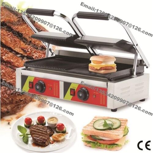 Free Shipping Commercial Use Non-stick 110v 220v Electric Ribbed + Smooth Steak Sandwich Panini Double Contact Grill